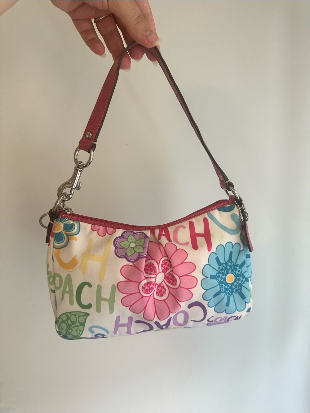 Coach Multicolor Floral Mini Shoulder Bag with Pink Trim
